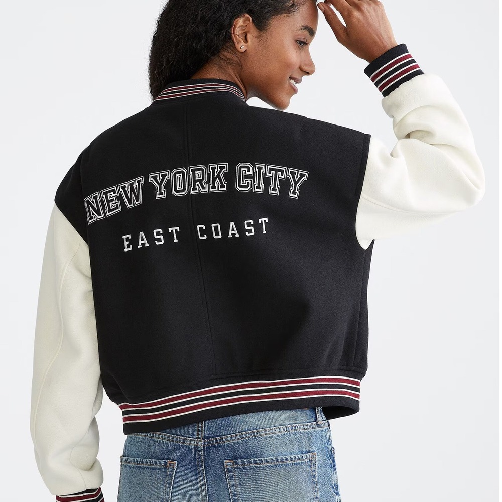 Aeropostale Womens Varsity Jacket Black White New York City East Coast Small